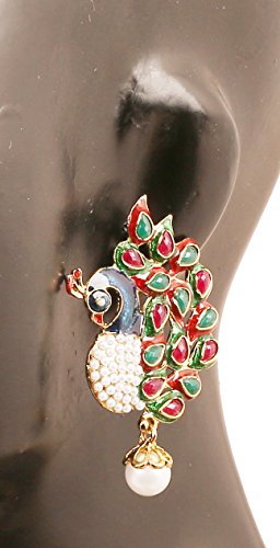 Touchstone "Peacock Collection Indian Bollywood Ethnic Peacock Meenakari Enamel Red Faux Ruby Green Faux Emerald And Faux Pearls Long Bridal Chandelier Designer Jewelry Earrings For Women In Antique #TOP2