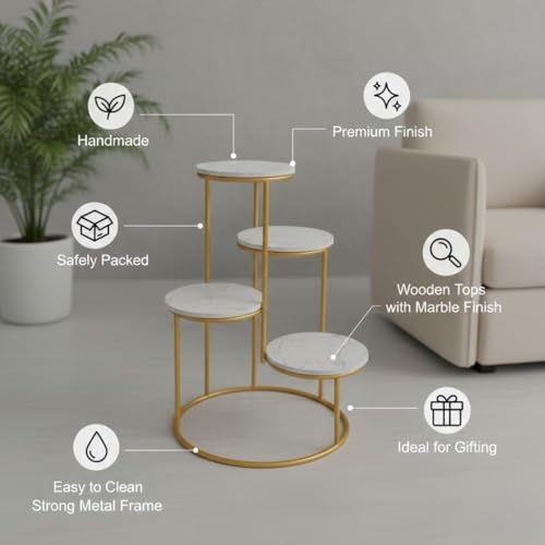 Image of Modern 4-Tier Plant Stand Indoor Metal & Wood | 60 cm Tall Multi-Level Flower Pot Stand | Heavy Duty Corner Plant Rack for Living Room, Balcony, Garden | Decorative Plant Holder for Indoor Use (Black Silver)
