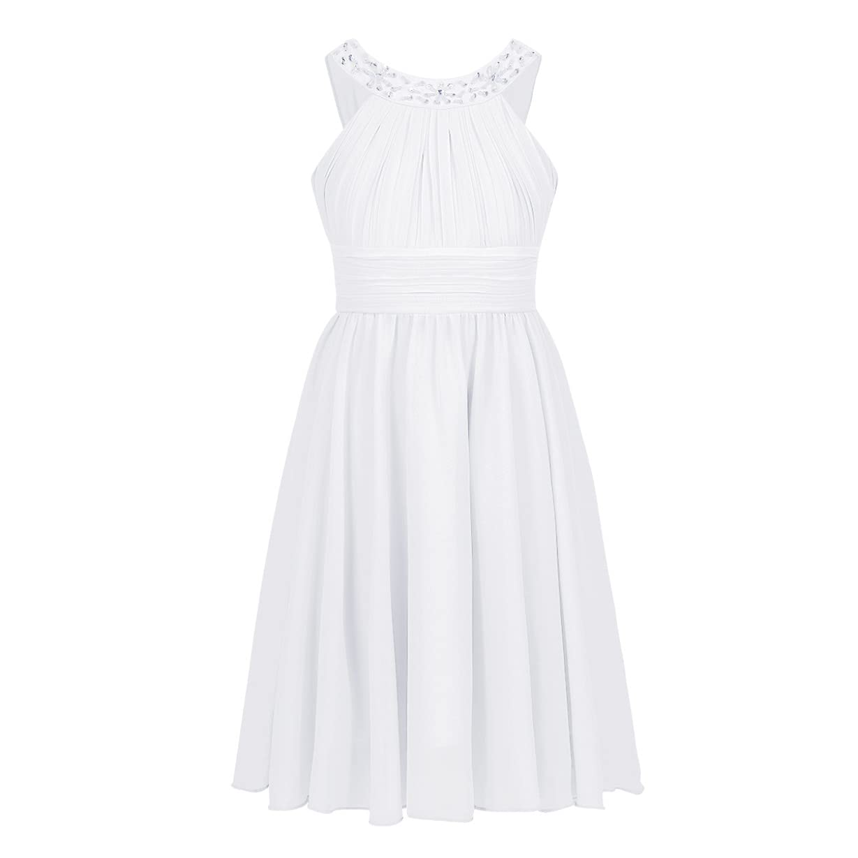 Freebily Vestido Corto de Fiesta Boda para Niña sin Manga Vestido Elegante de Gasa Plisada con Pedrería Brillante Vestido de Ceremonia Bola Blanco 10 años