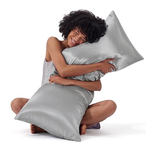 Image of Bedsure Satin Body Pillow Cover with Zipper,Soft Silky Pillowcase | Soft & Breathable Long Pillow Case, Cooling & Silky Long Pillowcase for Hair and Skin, Gifts for Women, Grey, 20x54 Inches
