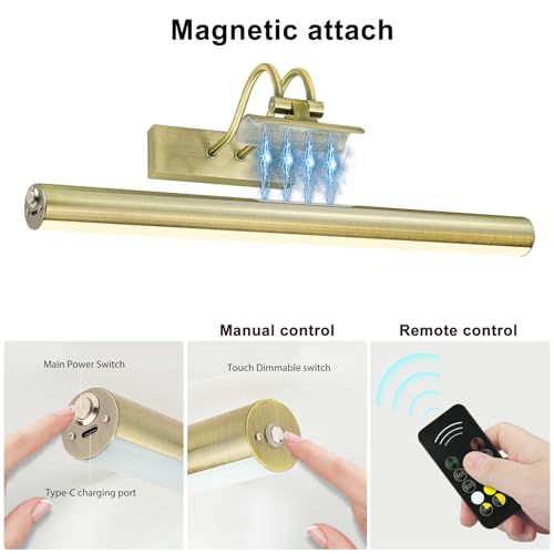 Image of Picture Light,Magnetic Wall Lights 5000mAh,16inch Art Light,Antique Brass | Photo Lights for Wall Rechargeable,Remote Timer and Dimmer Gallery Light,Metal Painting Light for Portrait Display Frame