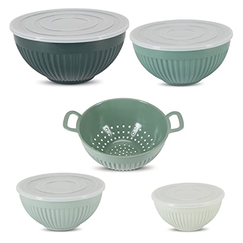 Phantom Chef Mixing Bowl Set (5 Pieces + 4 Lids) | Nested Melamine | 7, 8, 10, 11” Bowls & 9” Colander | Cooking, Mixing, Baking, Prepping, Stirring, Serving | Space-Efficient Storage (Green) #TOP7