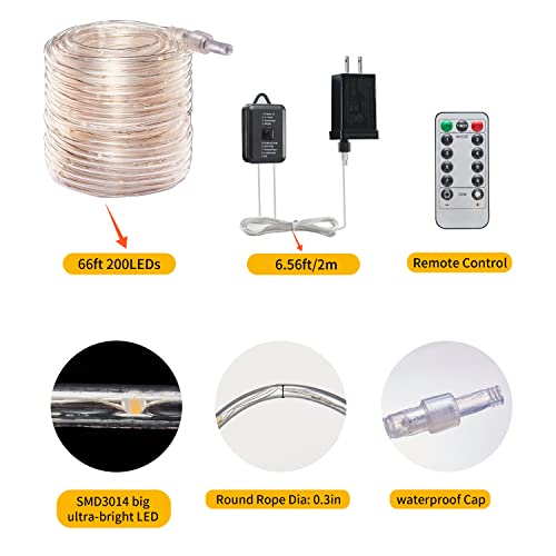 Led Rope Lights Outdoor Waterproof ,66Ft 200 Led Dimmable Connectable String Lights Plug In With Remote Timer, Warm White 8 Modes Rope Lighting For Deck Patio Pool Camping Garden Party Holiday Décor #TOP5