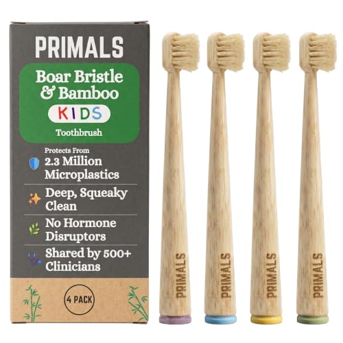 PRIMALS Kids Boar Bristle & Bamboo Toothbrush (4-Pack) - Healthy Boar Bristles - Zero Microplastics - Fully Biodegradable - Quick Dry Design