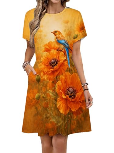 Bird Perched on Orange Poppies in a Vibrant Field Womens Casual Summer T Shirt Dress Loose Short Sleeve Tunic Dress with Pocket