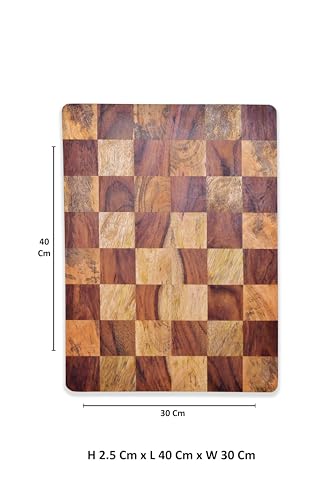 Image of Acacia & Mango Wood End Grain Chopping Board 40x30x2.5 cm | Butcher Block | Reversible Cutting & Serving Platter | Chess Board Design