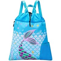 WAWSAM Drawstring Backpack for Kids, 15\u201D × 17\u201D Mermaid Gym Bag Cinch Bag for Girls Kids Waterproof Swim Beach Bag, Back to School Birthday Gift with Zippered Pocket and Bottle Pocket