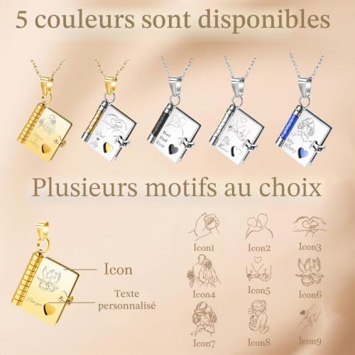 LINMQIU Collier personnalisé avec livre d'amour,Collier avec livre de 10 pages gravé sur mesure avec photo et texte,Pendentif ouvrable pour filles,Pendentif cadeau de maman et papa à leur fille (Or) – vue 4