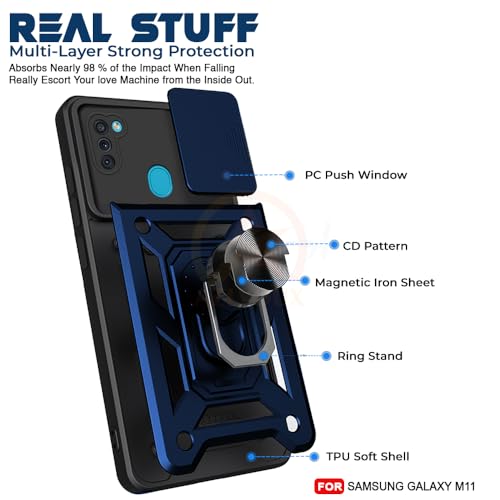 Image of Armor Bumper Back Cover Case for Samsung M11 | Rotating Camera Cover, Ring Holder & Kickstand | Heavy Duty & 360 Degree Protection Samsung M11 Back Cover (Blue)