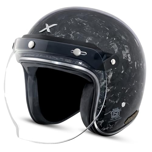 Image of Axor Retro Jet Forged Carbon ISI ECE and DOT Certified, Lightweight Open Face Helmet for Men and Women with Pinlock Fitted Clear Visor and Advanced Ventilation-Black-M