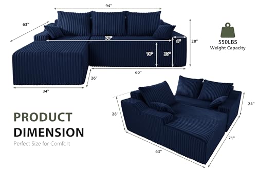 Image of HABUTWAY 94'' Cloud Sectional Couch, Boneless Sofa with Deep Seat, Modular Comfy L-Shape Couch with Chaise for Living Room Bedroom, No Assembly Required(Blue,Left Facing Chaise)