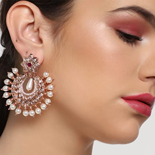 Estele Rose Gold Plated Handcrafted Crescent Shaped Chandbali Earring for Women - Image 2