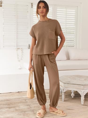 Image of ANRABESS Women's Two Piece Outfits Sweater Sets Knit Pullover Tops and High Waisted Pants Tracksuit Lounge Sets