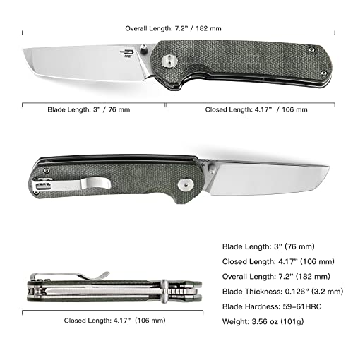 Bestech Knives Pocket Folder Folding Knife: 3" D2 Steel Blade, Micarta Scales, Thumbstud, Flipper, Liner Lock, Edc Steel Clip, Bg31B-1 (Green Micarta) #TOP4