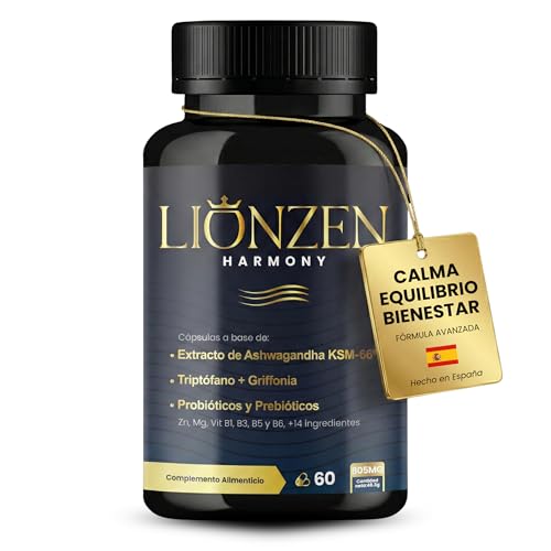 Ashwagandha KSM-66® 600mg | +14 ingredientes antiestrés, Cortisol | Bienestar, Descanso | Alta potencia | Magnesio, Griffonia, L-Triptófano, Vitaminas, Zinc, Té verde, Probióticos | LIONZEN HARMONY