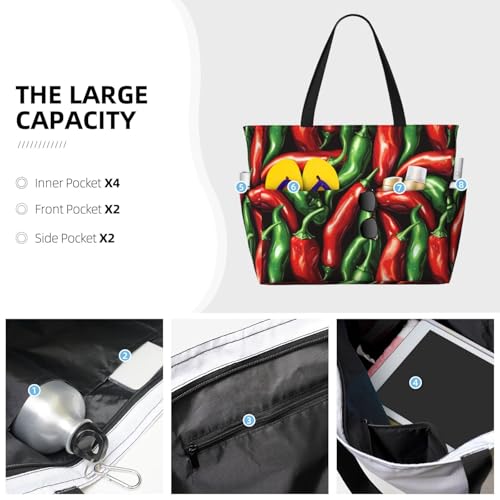 Large Beach Bags for Women Sandproof - Red Green Chili Print Summer Travel Work Tote Bags with Zipper3