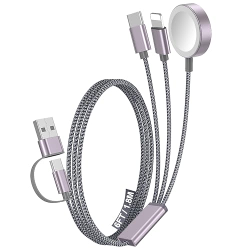 1Pack Multi Charging Cable Cord for Travel Essentials,Apple Watch Charger,iPhone Charger,[3-in-2] Type C/L Cable Portable Designed for iWatch,iPhone 17-8,Galaxy S26-21,AirPods,iPad-1.8M Gray