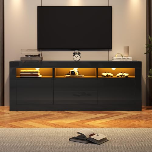 Merax 160 cm TV-Schrank mit LED-Beleuchtung, Hochglanz TV Board für 70 Zoll Fernseher, Push-to-Open Schubladen, 3 offene Fächer & Musiksteuerung, Smart App Steuerung für Wohnzimmer