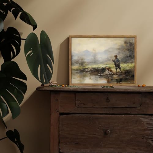 Image of Vintage Wall Art, Boy Fishing Wall Decor Paintings, Dog and Boy Landscape Canvas Prints Nature Country Farmhouse Artwork for Bedroom Living Room 10x8 inch Wood Framed