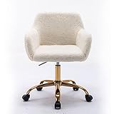 HomVent Cute Office Desk Chair with Faux Fur Back - Swivel Upholstered Rolling Chair for Vanity and Office Use in White and Gold