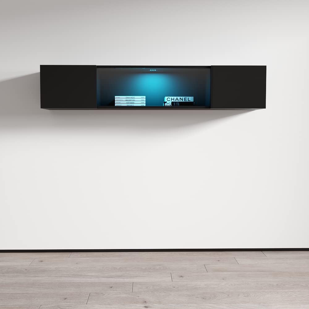 Meble Furniture Floating Media Cabinet Type-52 — Modern Wall-Mounted Storage with LED Lighting — High Gloss Finish, 47.2 x 11.8 x 15.7 inches — Black