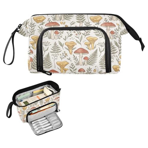 Image of Mushroom Leaves Beige Print Pencil Case Pouch Big Capacity Pencil Bag Box Organizer Pen Case with Compartmens Stationery Organizer for Girls Boys Women School College Office