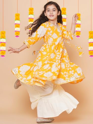 Image of Bitiya by Bhama Girls Yellow Floral Printed Angrakha Gotta Patti Pure Cotton Kurta with Sharara(TKS133)