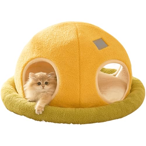 室内猫用キャットベッド、ペットの子猫用キャットハウス家具、テント洞窟、取り外し可能で洗える柔らかいクッション付き枕付きのかわいい子犬中型犬用犬ベッド(パープル、ミディアム)(Yellow,M)