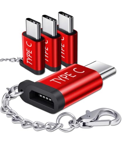 JSAUX Micro USB (Female) to USB C Adapter 4-Pack, Aluminum USB Type C Adapter with Keychain Fast Charging Compatible with Samsung Galaxy S10 S9 S8 Plus Note 9 8,LG V30 G5 G6, Moto Z Z2 and More (Red)