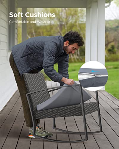 Aiho Patio Furniture Set 3 Pieces Wicker Outdoor Patio Bistro Rocking Chair Sets With Cushion Porch Furniture Set With Glass Table Rattan Chair Modern Bistro Set For Porches And Balcony (Grey Cushion) #TOP7