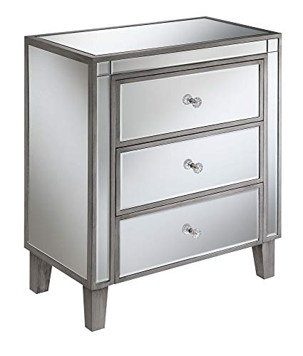 Convenience Concepts Gold Coast Large Mirrored 3 Drawer End Table, Antique Silver/Mirror #TOP27
