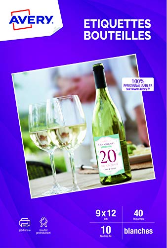 AVERY - Pochette de 40 étiquettes autocollantes pour bouteille, Personnalisables et imprimables, Format 120 x 90 mm, Impression jet d'encre,