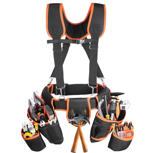Tool Belt With Suspenders, 22 Pockets Tool Bag, Multi-Functional Adjustable Waist Tool Belt, Heavy Duty Tool Organizer for Framers, Carpenter, Electrician,Construction