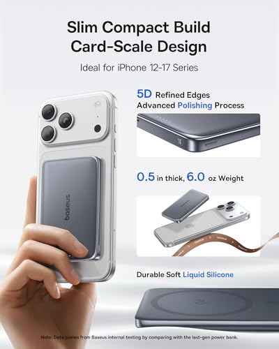 Image of Baseus Picogo Power Bank, 0.5 inch Ultra Slim 10000mAh MagSafe Portable Charger, Upgraded CCC Certified 27W Fast Charging Magnetic Battery Pack, Alloy Wireless Charger for iPhone 17 /16 /15 /14 /13 /12