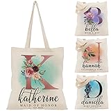 Personalized Initial Canvas Tote Bag for Women - 6 Floral Designs - Customized Monogrammed Cotton...
