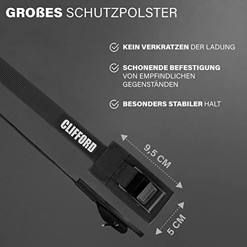 Foto von CLIFFORD Spanngurte , 2 Stück I 0,5m - 3,5m I Ultra Robust I EN12195-2 I 250Kg/500Kg Belastbarkeit Zurrgurte mit Polsterung I Spanngurte mit Klemmschloss für Fahrradträger Motorrad Auto
