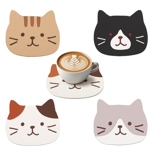 4 Pièces Dessous De Verre, sous Verre, Dessous De Verre en Silicone pour Chat, 15 * 13cm, Silicone, Isolation Thermique, Antidérapant, Chat, Adapté Aux Verres à Vin, Thé, Café, Familles, Cafés