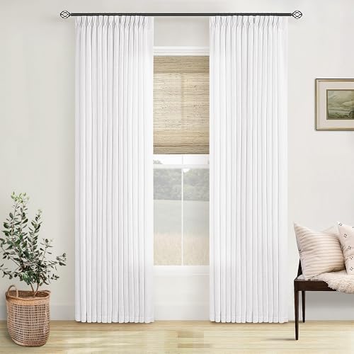Image of Snow White Linen Pinch Pleated Curtains 84 Inches Long 2 Panels | Textured Linen, Pinch Pleated Hooks Rings Back Tab, Elegant Luxury Light Filtering Curtain Drapes, for Living Room Bedroom