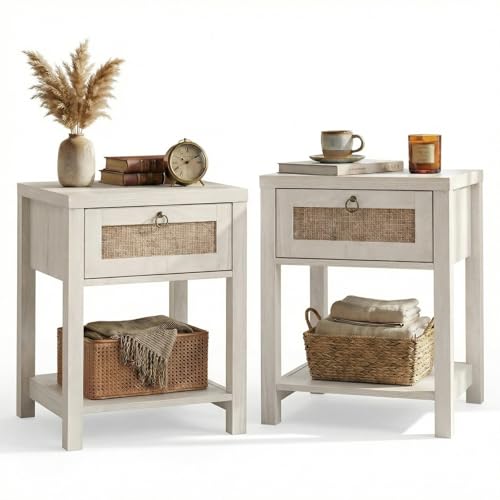 VOWNER Rattan Nachttisch Set 2er, Landhausstil Beistelltisch mit Schublade und Ablage, Böhmischer Sideboard für Schlafzimmer, Wohnzimmer, Flur, Gästebuchregal, 45 x 39 x 59cm (Eiche hell) VOWNER Rattan Nachttisch Set 2er, Landhausstil Beistelltisch mit Schublade und Ablage, Böhmischer Sideboard für Schlafzimmer, Wohnzimmer, Flur, Gästebuchregal, 45 x 39 x 59cm (Eiche hell)