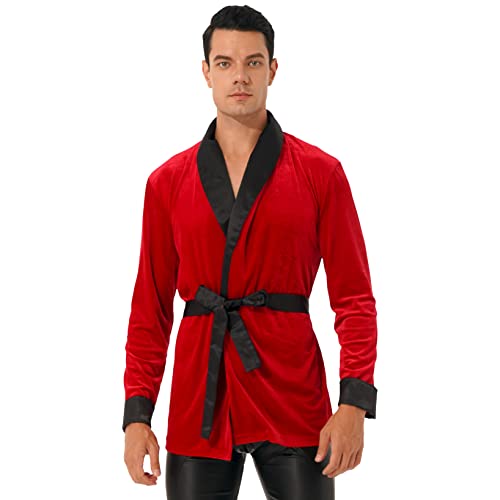 LiiYii Men s Velvet Christmas Cosplay Costume Long Sleeve Smoking Robe Jacket with Belt Fancy Dress Red Medium