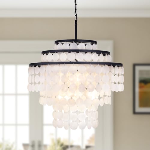 Wellmet 24 Inch Capiz Shell Chandelier, 6 Lights Coastal Bathroom Lighting Fixture, Natural Sea Shell Pendant Lighting for Dining Room, Kitchen Island, Living Room, Bedroom, Foyer, Bedroom Chandelier
