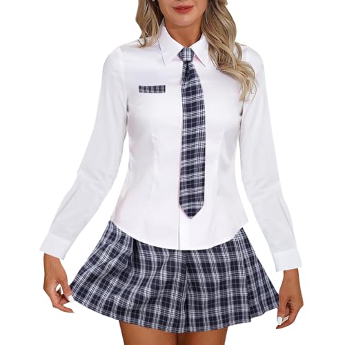 Tolnecty Frauen Schulmädchen Kostüm Rollenspiel Set Sexy Studenten Kostüme Mini Tartan Rock Langärmeliges Hemd Cosplay Rock Sets (Tiefblau)