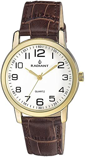 Radiant - Reloj analógico y de Cuarzo. Reloj de Pulsera para Hombre. Reloj de Brazalete con Esfera Blanca y Dorada y Correa de marrón de Piel. Tamaño 40mm. 3ATM