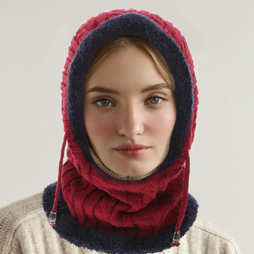 Unisex Winter Outdoor Practical Cycling Ski Hooded Scarf Hat Portable Knitted Thickened Caps for Women Men (Red)2