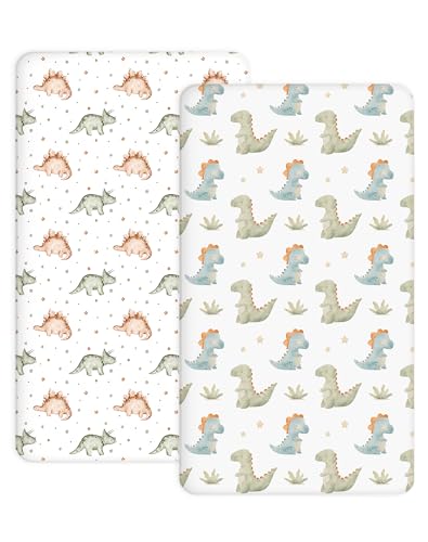 Image of Crib Sheets for Boys and Girls, 2 Pack Fitted Baby Sheets for Standard Toddler Mattress 28 inch x 52 inch, Soft Breathable Jersey Knit Baby Bedding (Tiny Dinos)