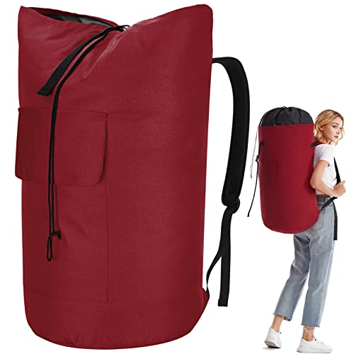Wäschesack Schmutzwäsche XXL 115 Liter, Wäschebeutel Reise mit 2 Gepolsterte Schultergurte, Wäschetasche Faltbare Aufbewahrungsbeutel Kleidung Tasche, Seesack Rucksack (Rot)