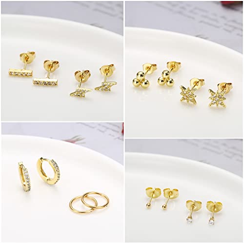 Ironbox 12Pairs 14K Gold Plated Huggie Hoop Studs Earrings Set For Women Small Dainty Minimalist Chain Earrings Cartilage Cz Ball Earrings Sets For Multiple Piercing #TOP4