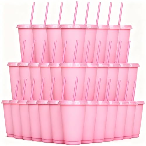 Alohastarttg Reusable Cups with Lids and Straws, 16oz Plastic Party Cups, Holiday Party Favors, Leak-Proof Tumblers, Ideal Happy Birthday Gift, 32 Pack Smoothie Cups (32, Pink)