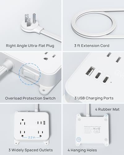 Image of TROND 3FT Short Extension Cord, Ultra Thin Flat Plug Power Strip with USB