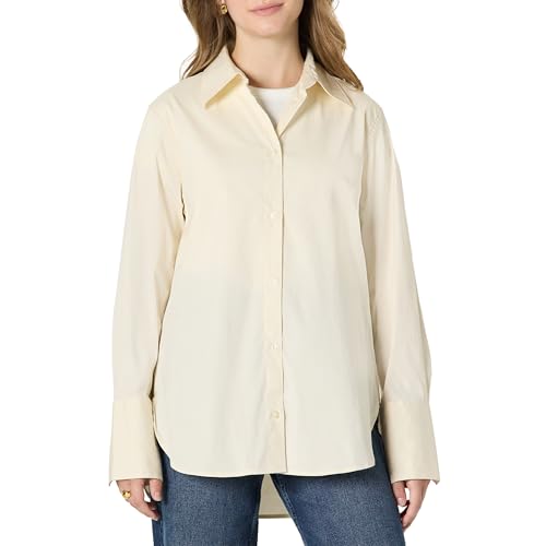 Amazon Essentials Women's Oversized-Fit Cotton Stretch Poplin Button-Down Dress Shirt, Cream, Small